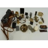 Collection of lighters including Dunhill, Colibri and Pierre Cardin, pipe, brass door knockers and a