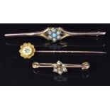 Edwardian 15ct gold brooch set with seed pearls (1.1g), a 9ct gold stick pin and a 9ct gold