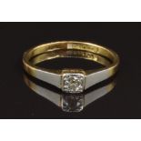 Art Deco 18ct gold ring set with a diamond in a platinum setting, size K, 2.1g