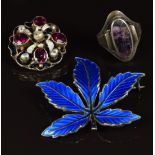 Norwegian silver brooch set with blue enamel, Austro-Hungarian brooch and a silver ring set with