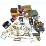 A collection of jewellery including pocket watch, three silver ingots, beads, vintage brooches, etc