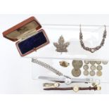 A silver necklace set with marcasite, silver coins, silver fob chain, vintage jewellery box,