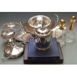 Silver plated ware including pair of large oblong trays, length 60cm, pedestal bowl with rope