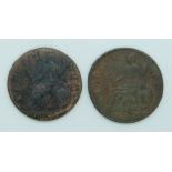 William III 1699 mule halfpenny P686, VF, together with one other