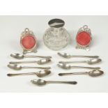 Nine hallmarked silver teaspoons, weight 114g, hallmarked silver mounted cut glass bottle, height