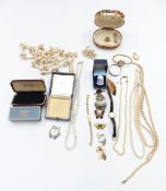 Norwegian silver butterfly brooch set with enamel, cultured pearl necklace, silver cufflinks,