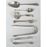 Georgian and later hallmarked silver cutlery including bright cut sugar tongs, weight 142g