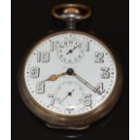 Zenith keyless winding open faced pocket watch with alarm, cathedral hands, Arabic numerals, inset