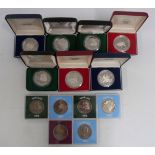 Seven cased silver proof Tokelau one Tala coins, Elizabeth II, includes pineapple, fishing bucket