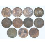 A study of eleven 1861 Victorian halfpennies, mostly VF-EF, various types, beaded and toothed