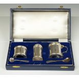 Cased three piece hallmarked silver cruet set, Birmingham 1964, maker J B Chatterley & Sons Ltd,