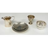 Hallmarked silver jug, egg cup and bowl together with a shallow footed bowl marked Sterling