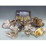 Silver plated ware including Walker & Hall tea set, Russian candlesticks, height 18cm, cutlery,