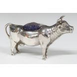 Edward VII hallmarked silver novelty cow pin cushion, Birmingham 1905, maker Levi & Salaman,