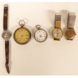 Five various watches comprising two silver open faced pocket watches, two gents wristwatches, one