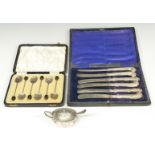 Cased set of six hallmarked silver coffee bean spoons, set of butter knives with hallmarked silver