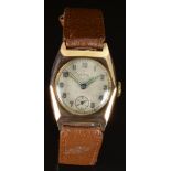 Shield Art Deco 9ct gold gentleman's wristwatch with inset subsidiary seconds dial, luminous blued