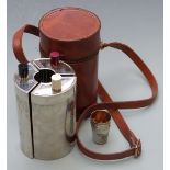Leather cased three division spirit flask set with tot cups, height 18cm