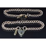 Two 9ct rose gold curb link bracelets with heart padlocks, 39.7g