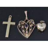 A 9ct gold cross pendant, 9ct gold Edwardian pendant and a 9ct gold heart, 8g