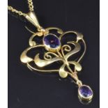 Edwardian 9ct gold pendant set with amethysts on a 9ct gold chain, 6g, length 58cm