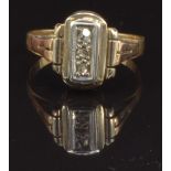 An Art Deco 18ct gold ring set with three rose cut diamonds, size K, 1.9g