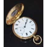 Unnamed 14ct gold keyless winding half hunter pocket watch with inset subsidiary seconds dial, blued