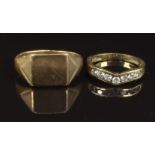 A 9ct gold ring set with cubic zirconia, size J and a 9ct gold signet ring, size Q, 4.5g