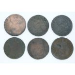 Six William III halfpennies, 1695, 1699 and four 1700, various grade F-VF