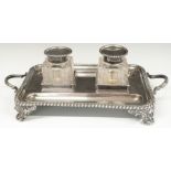 Victorian hallmarked silver standish or desk stand with gadrooned edge and twin loop handles, raised