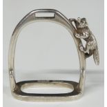 George VI novelty hallmarked silver miniature stirrup with fox, likely a napkin ring, Birmingham