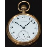Lusitania gold plated keyless winding open faced pocket watch with subsidiary seconds dial, black