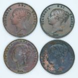 Four various Victorian copper pennies comprising three 1857 examples, plain tridents, two close