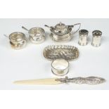 Hallmarked silver items comprising pair of peppers, pair of open salts, mustard, napkin ring, pin