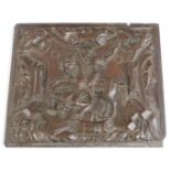 Antique carved oak panel depicting a Roman figure on horseback, possibly Saint Martin, width 38cm