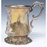 Victorian hallmarked silver christening mug or tankard with embossed decoration of a boy with dog,