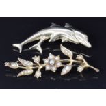 Edwardian brooch set with seed pearls and a 9ct gold brooch in the form of dolphins, 3.9g