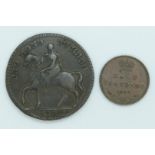 Queen Victoria 1844 half farthing, near EF, together with a 1792 Coventry halfpenny with Lady Godiva