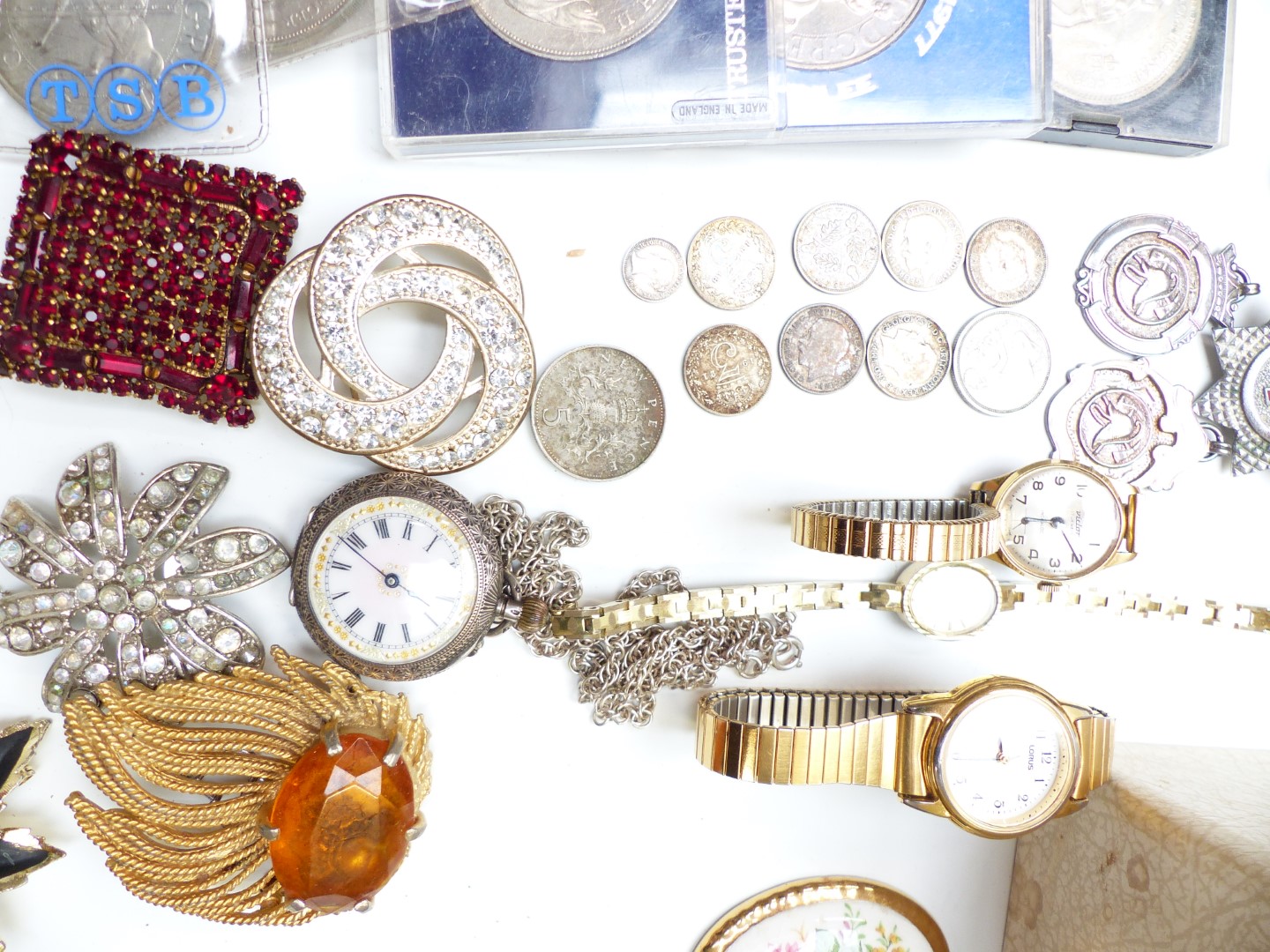 A collection of jewellery including brooches, silver coins, watches and silver including two fobs, - Image 2 of 3