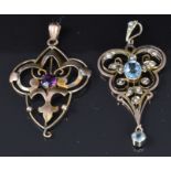 Two 9ct Edwardian pendants, one set with aquamarine and seed pearls and the other an amethyst, 4.6g