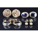Four pairs of 9ct gold earrings, one pair set with fluorite, 6.5g