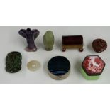 Hardstone items to include agate box, carved amethyst eagle, jadeite seal, box carved from a nut and