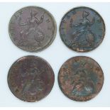 Four George II halfpennies to include 1730 GEOGIVS error example and a 1729, 1739 and 1749 group,