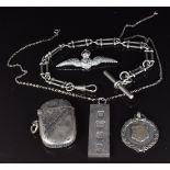 A collection of silver jewellery including ingot, fob, Albert, vesta and RAF brooch