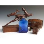 Art Deco carved wooden figurine of a lady riding a stag, on adzed oak base, length 40cm,