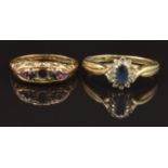A 9ct gold ring set with a sapphire surrounded by diamonds and a 9ct gold ring, 4.1g