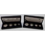 Royal Mint cased four coin silver Britannia sets 2011 and 2012, with certificates