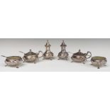 Edward VIII hallmarked silver six piece cruet set comprising two each of pepper, open salt and