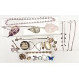 A collection of jewellery including filigree bracelet, filigree brooch, enamel butterfly brooch,