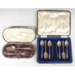 Cased set of hallmarked silver teaspoons with nips and a cased spoon and fork, London 1901, in